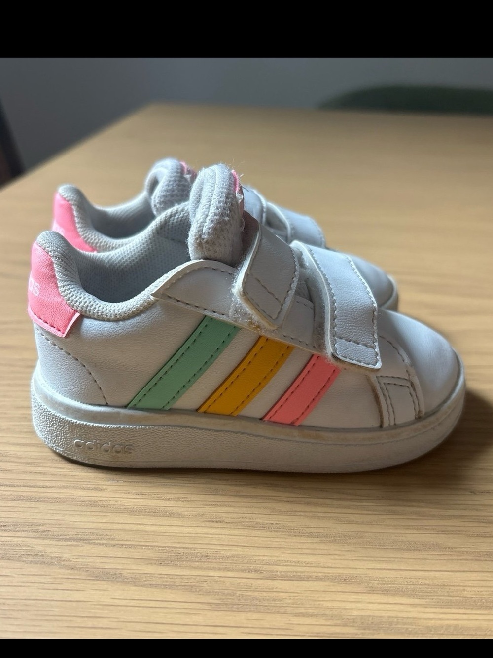Adidas Toddler White Sneakers with Pastel Stripes - Velcro Closure